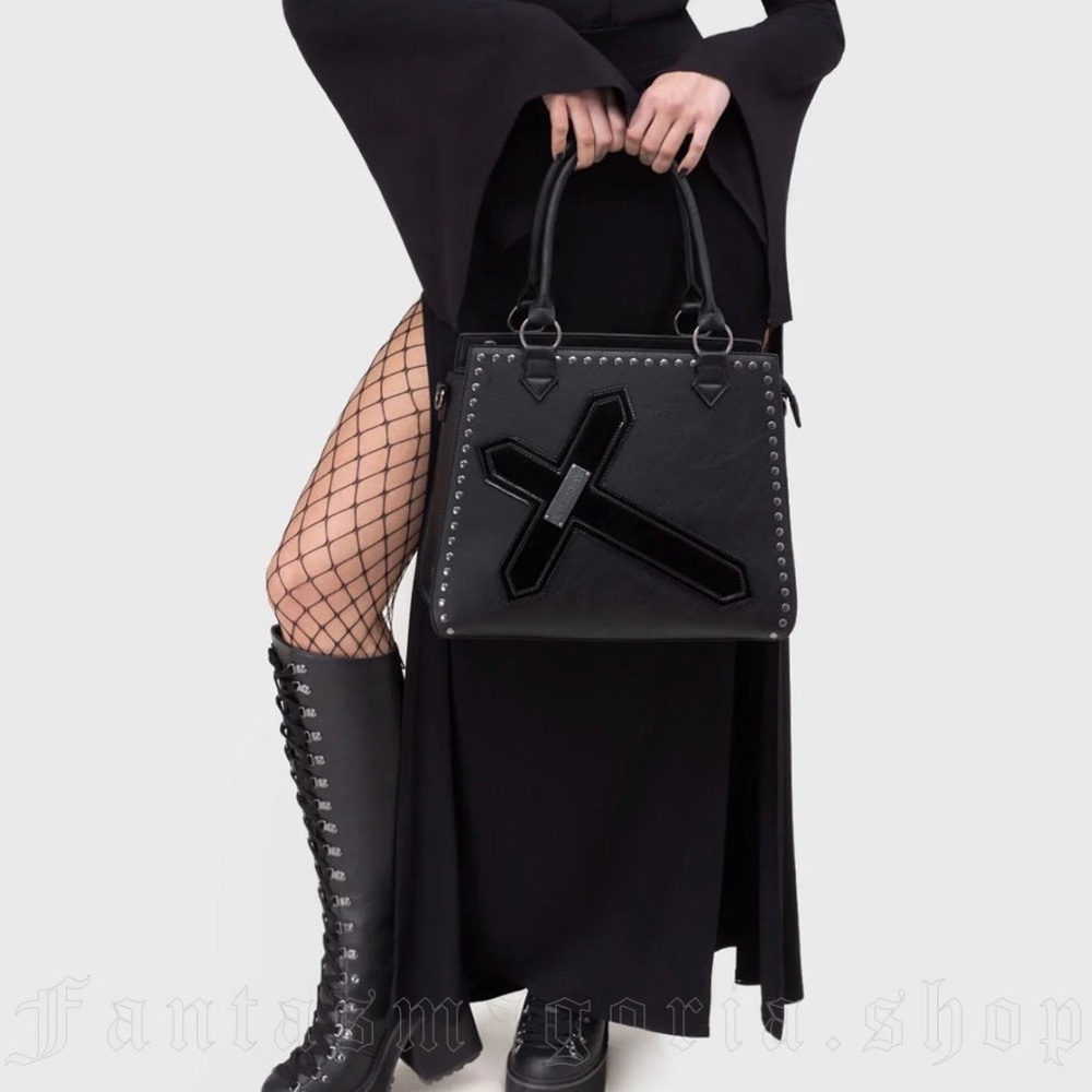 Killstar Exorcist Black Faux Leather Satchel Crossbody Handbag Studs Cross Goth - Picture 2 of 12